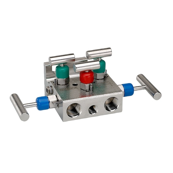5 Valve Angle Manifold, Soft Seat, Flange x Flange, Steel, Flare Pattern, 0.375" Orifice